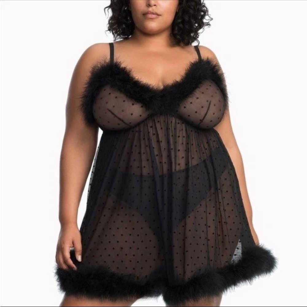 Savage x Fenty Rihanna SIZE XL / 1X black flock dot sheer fur trim babydoll